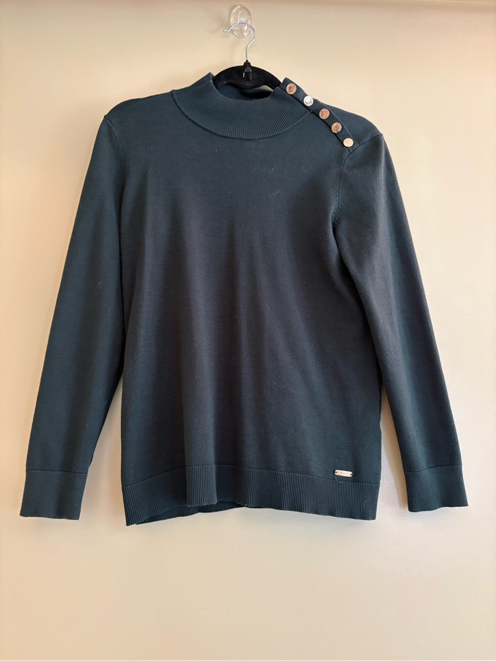 Calvin Klein Dark Teal Mock Neck Button-Shoulder Sweater